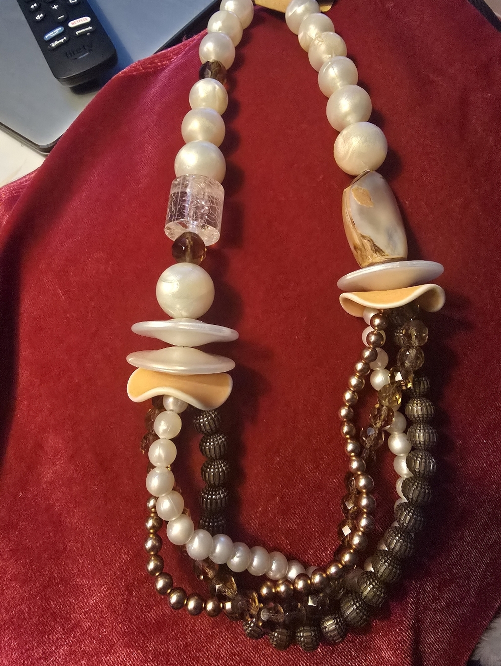 Multi-Strand Pearl & Bead Statement Necklace in Cream and Brown And Mother Pearl
